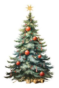 christmas tree decorated with ornaments garland vintage illustration isolated on a transparent background, generative ai