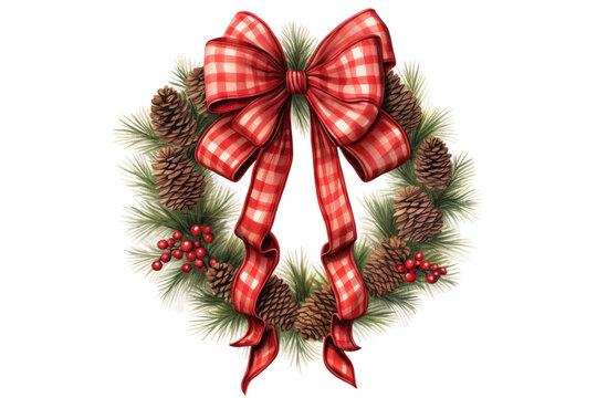 front door wreath with pinecones and red ribbon vintage illustration isolated on a transparent background, generative ai