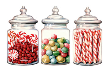 glass candy jars filled with candy canes gumdrops vintage illustration isolated on a transparent background, generative ai