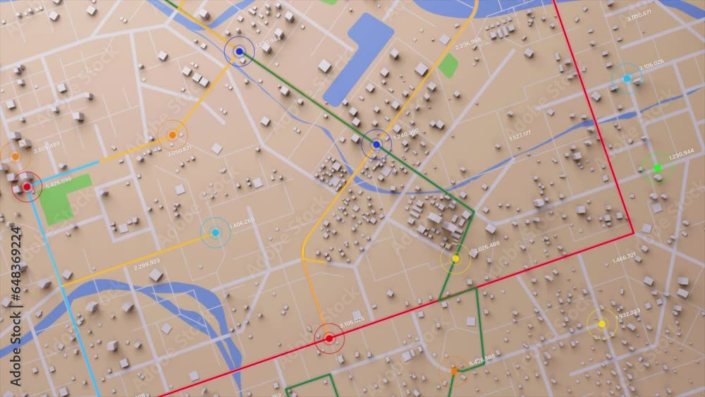 Poster 3d rendering top view city map with navigator line and destination gps technology transportation, fu