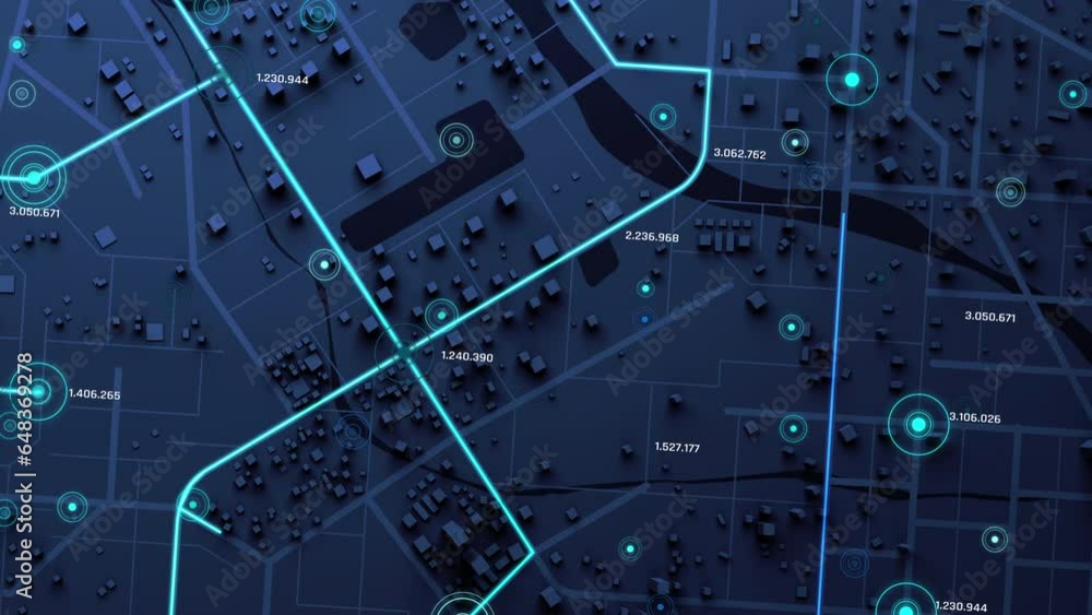 Poster 3d rendering top view city map with navigator line and destination gps technology transportation, fu