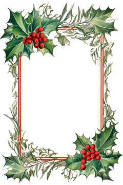 holly leaves and berries frame vintage illustration isolated on a transparent background, generative ai