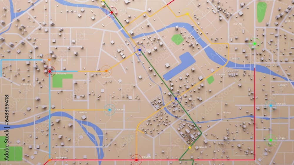 Poster 3d rendering top view city map with navigator line and destination gps technology transportation, fu