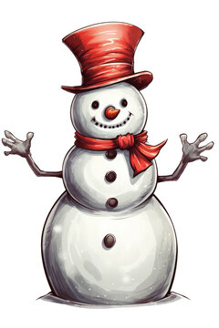 jolly snowman waving top hat vintage illustration isolated on a transparent background, generative ai