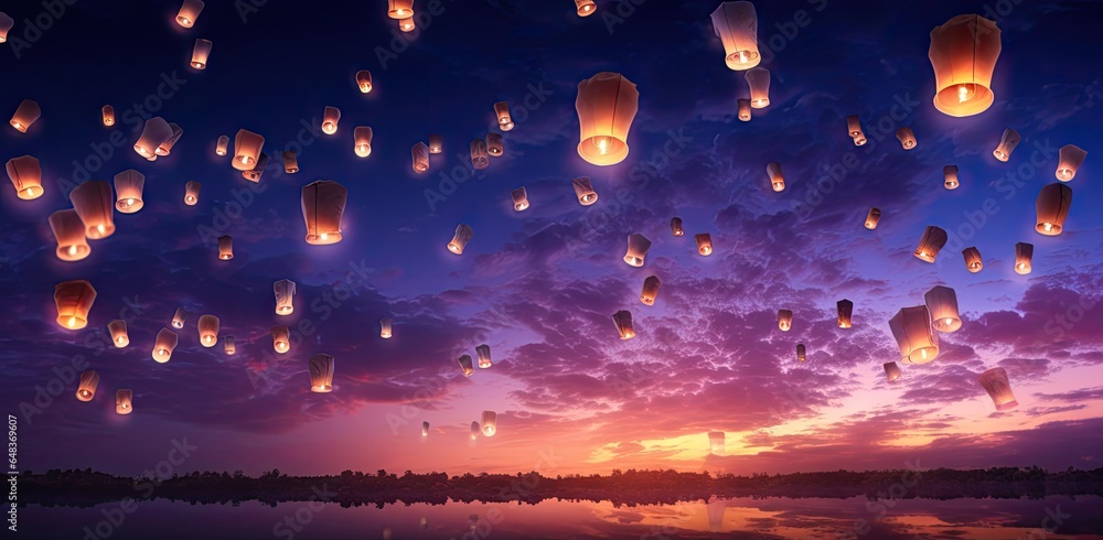 Wall mural floating lantern with flame in the night sky background.