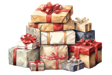 Obraz premium pile of wrapped christmas gifts tied with bows vintage illustration isolated on a transparent background, generative ai