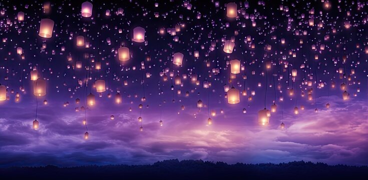 Floating lantern with flame in the night sky background.