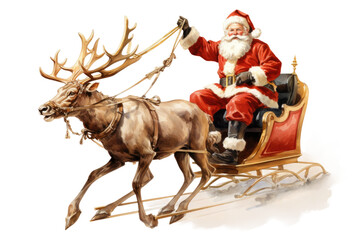 santa getting his reindeer ready to fly vintage illustration isolated on a transparent background, generative ai