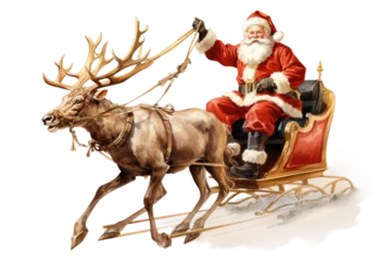 Foto op Plexiglas santa getting his reindeer ready to fly vintage illustration isolated on a transparent background, generative ai © Perfect PNG