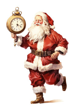 santa looking at his pocket watch vintage illustration isolated on a transparent background, generative ai