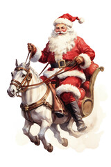santa riding a rocking horse vintage illustration isolated on a transparent background, generative ai