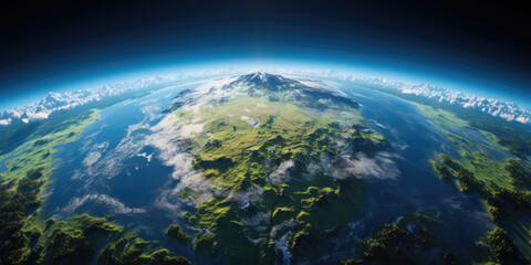 View from space of full earth body, green earth horizon. 3d illustration.
