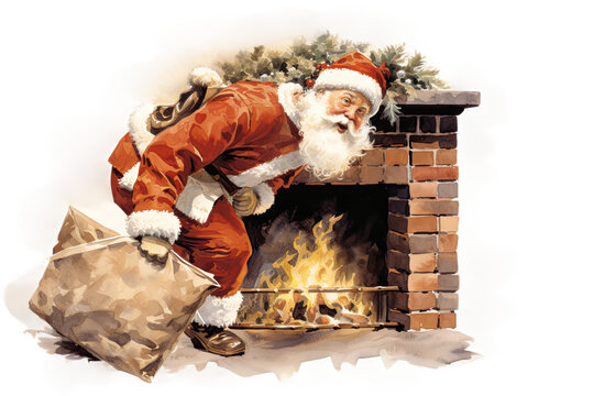 santa sneaking out of fireplace with bag of gifts vintage illustration isolated on a transparent background, generative ai