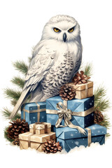 snowy owl resting on pile of wrapped gifts vintage illustration isolated on a transparent background, generative ai