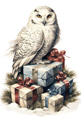 Obraz premium snowy owl resting on pile of wrapped gifts vintage illustration isolated on a transparent background, generative ai