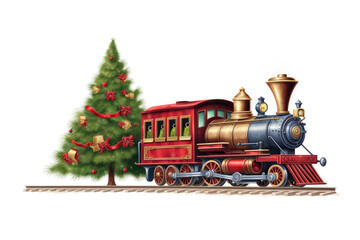 toy train going around the christmas tree vintage illustration isolated on a transparent background, generative ai