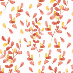 watercolor drawing, seamless pattern with yellow and brown leaves and twigs