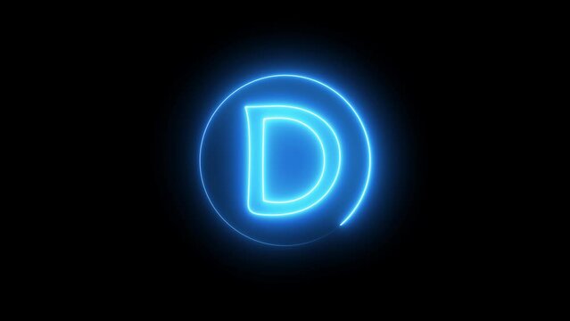 Neon sign letter glowing with blue light. Glowing neon line in a circular path around the D  alphabet.