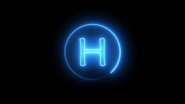 Neon sign letter glowing with blue light. Glowing neon line in a circular path around the H alphabet.