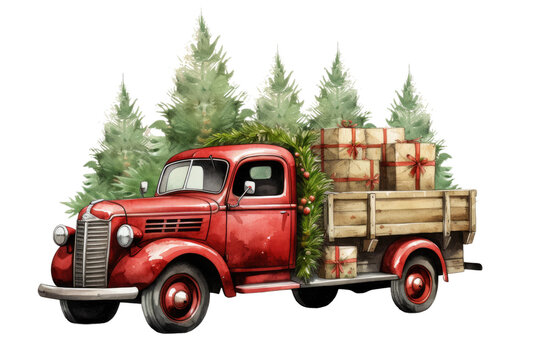 vintage truck delivering christmas trees vintage illustration isolated on a transparent background, generative ai