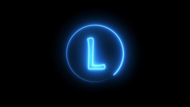 Neon sign letter glowing with blue light. Glowing neon line in a circular path around the L alphabet.