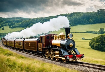 steam-powered train racing across the countryside