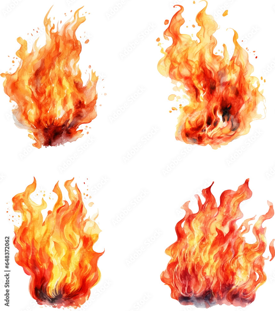 Wall mural Watercolor fire set. set of watercolor flame fire illustrations