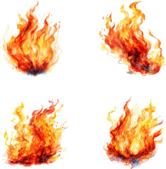 Watercolor fire set. set of watercolor flame fire illustrations