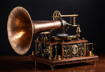 phonograph with detailed metal components - obrazy, fototapety, plakaty