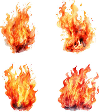 Watercolor fire set. set of watercolor flame fire illustrations