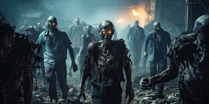 Apocalypse fantasy scene group of zombie walking. Halloween concept