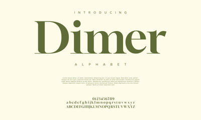 Dimer premium luxury elegant alphabet letters and numbers. Elegant wedding typography classic serif font decorative vintage retro. Creative vector illustration