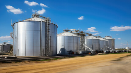Fototapeta na wymiar Large storage tanks and silos used for storing raw materials in an industrial facility.