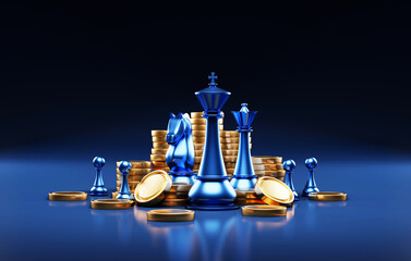 Obraz na płótnie Canvas Strategic Investment Coin Stack and Chess Set in Blue