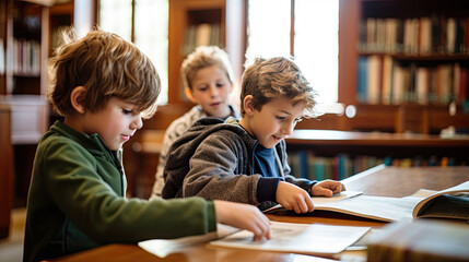 Little boys reading books in the library - obrazy, fototapety, plakaty