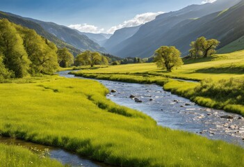 A tranquil river meandering through a meadow.