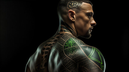 Fitness and Style: A Handsome Man with Tattoos Shows His Muscles and Power - obrazy, fototapety, plakaty