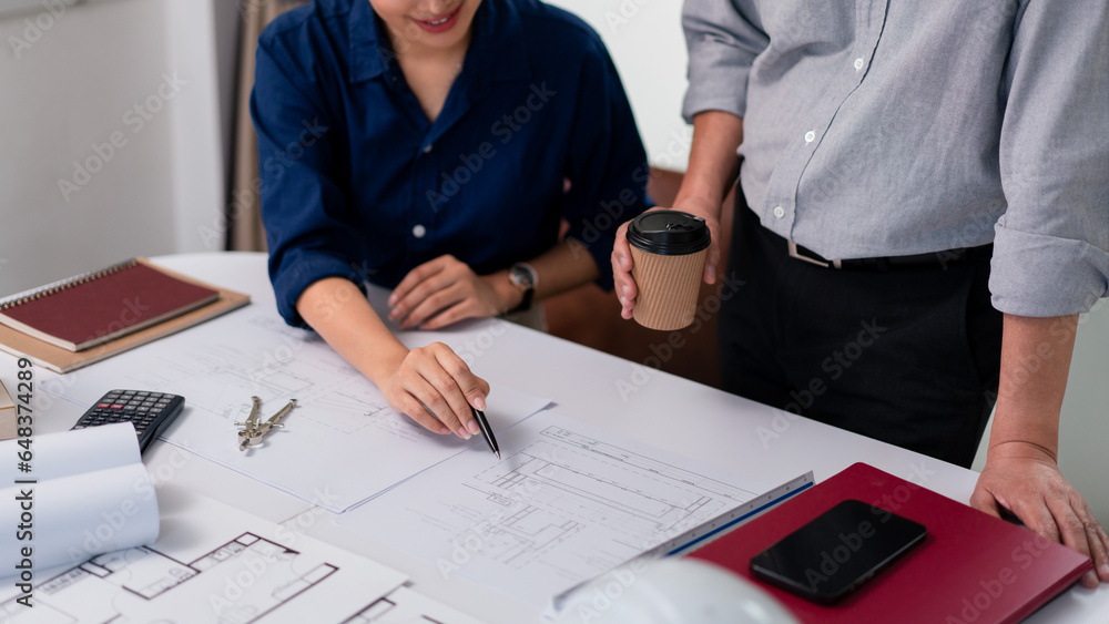 Poster two architects are discussion and analysis about construction of architectural project on blueprint