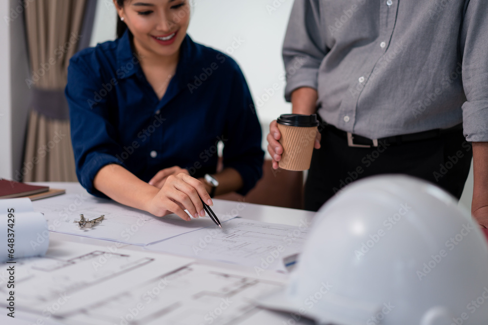 Poster two architects are discussion and analysis about construction of architectural project on blueprint