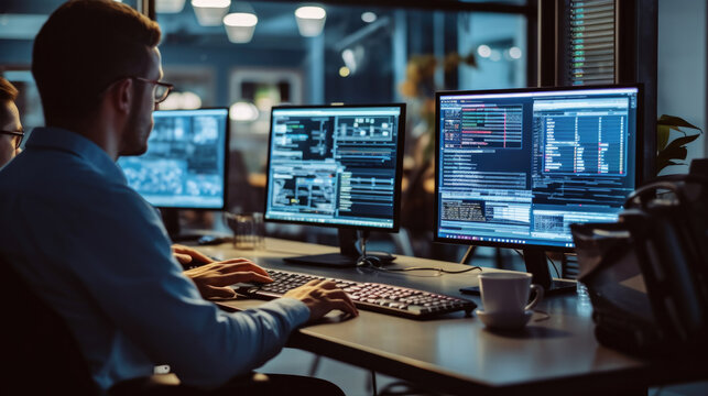 Software engineers working on project and programming in company