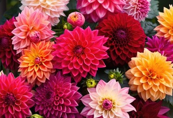 A vibrant bouquet of dahlia flowers in various shades.