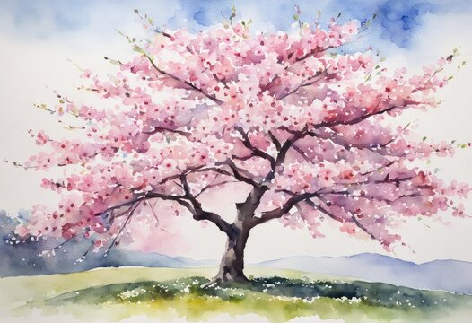  A watercolor painting of a cherry blossom tree in full bloom