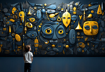 A child is looking at artwork on a wall inside a museum in the city
