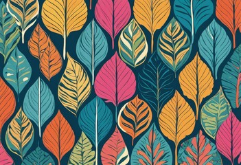 A whimsical illustration featuring an array of colorful, stylized leaves