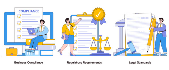 Business compliance, regulatory requirements, legal standards concept with character. Compliance management abstract vector illustration set. Risk mitigation, ethical conduct, regulatory adherence