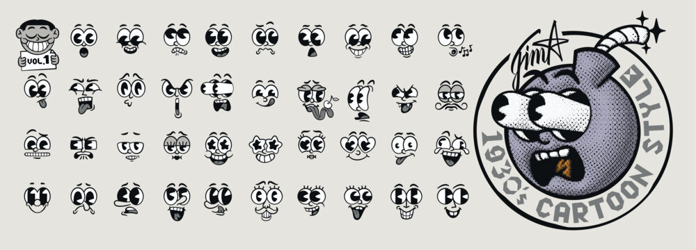 Naklejki Retro cartoon faces. 1930s Rubber Hose style facial expressions, doodle emoticon vector set