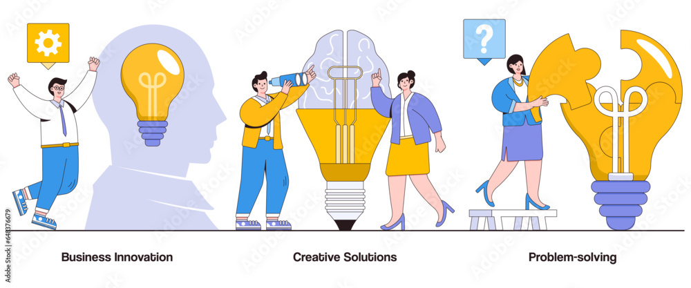 Poster business innovation, creative solutions, problem-solving concept with character. innovative mindset 