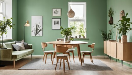 Mid-century modern interior - mint color chairs at wooden dining table in room with sofa and cabinet, green wall, Scandinavian style living room