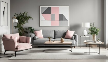 Pink accents in modern interior - grey sofa with pillows and blanket in living room, abstract art poster on white wall