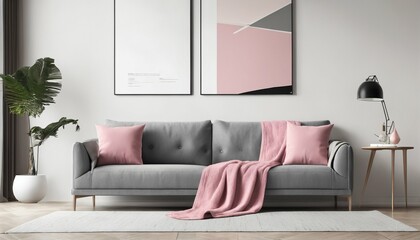 Pink accents in modern interior - grey sofa with pillows and blanket in living room, abstract art poster on white wall